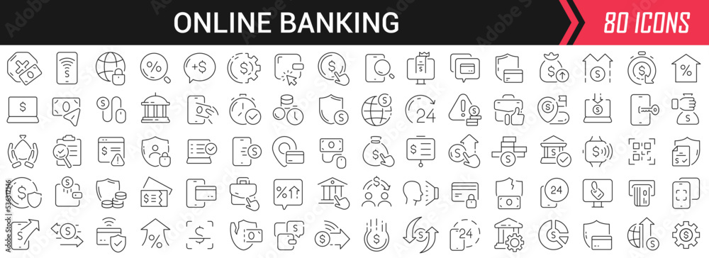 Aufkleber Online banking linear icons in black. Big UI icons collection in a flat design. Thin outline signs pack. Big set of icons for design