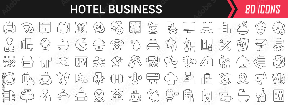 Poster hotel business linear icons in black. big ui icons collection in a flat design. thin outline signs p