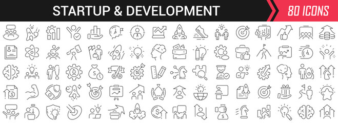 Startup and development linear icons in black. Big UI icons collection in a flat design. Thin outline signs pack. Big set of icons for design