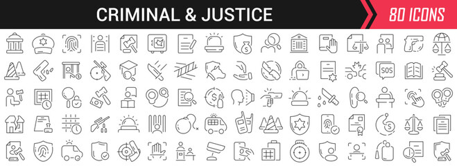 Criminal and justice linear icons in black. Big UI icons collection in a flat design. Thin outline signs pack. Big set of icons for design