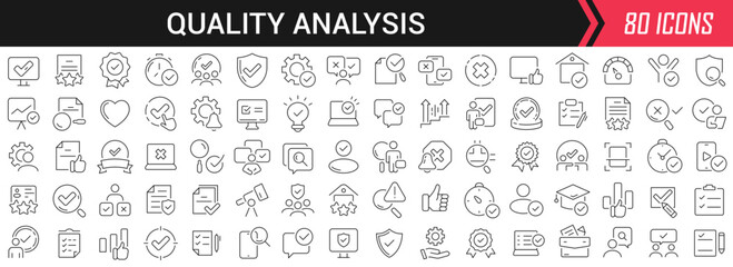 Quality analysis linear icons in black. Big UI icons collection in a flat design. Thin outline signs pack. Big set of icons for design