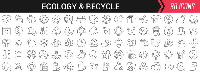Ecology and recycle linear icons in black. Big UI icons collection in a flat design. Thin outline signs pack. Big set of icons for design