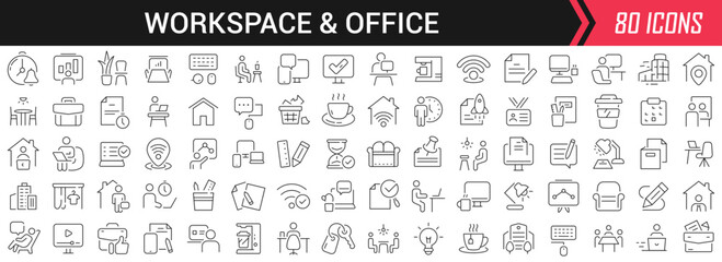 Fototapeta na wymiar Workspace and office linear icons in black. Big UI icons collection in a flat design. Thin outline signs pack. Big set of icons for design