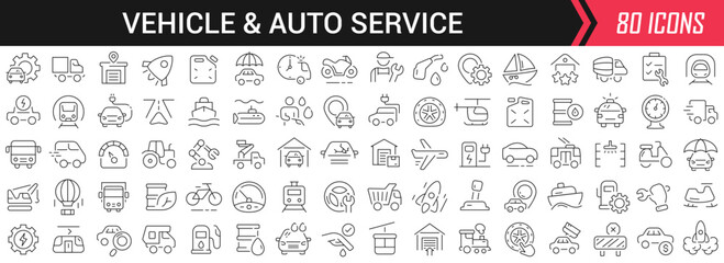 Vehicle and auto service linear icons in black. Big UI icons collection in a flat design. Thin outline signs pack. Big set of icons for design