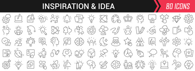 Inspiration and idea linear icons in black. Big UI icons collection in a flat design. Thin outline signs pack. Big set of icons for design