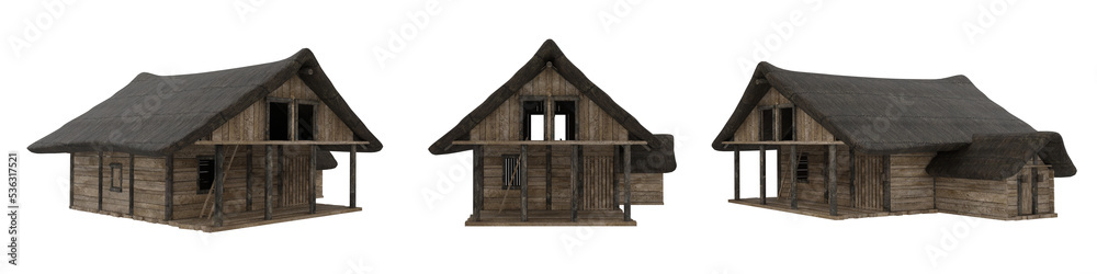 Aufkleber 3d rendering of an old medieval wooden building seen from 3 angles isolated.