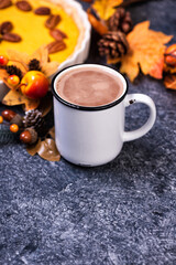 Hot chocolate cocoa drink and homemade pumpkin pie
