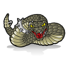 Snake with piercings and a metal collar with studs. Dangerous snake illustration concept. Animal mascot concept.