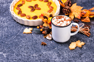 Hot chocolate cocoa drink and homemade pumpkin pie