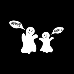 Super Cute kids ghosts characters vector pattern. Two White smiling ghosts on black background with text HEY! Boo!. Children clothes template, for wrapping, textile, t-shirts, backdrop.