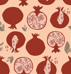 Seamless pattern of pomegranates in vector. Decorative patterns with halved pomegranates, red seeds and green leaves on a light background. Texture with floral elements. Flat vector illustration