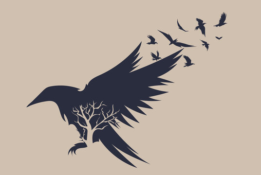 Sketch of flying raven. Hand drawn illustration converted to vector. 