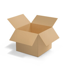 Realistic cardboard open box, side view