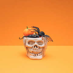 Skull with pumpkins, rat and spider on orange color background. Funny spooky Halloween composition.