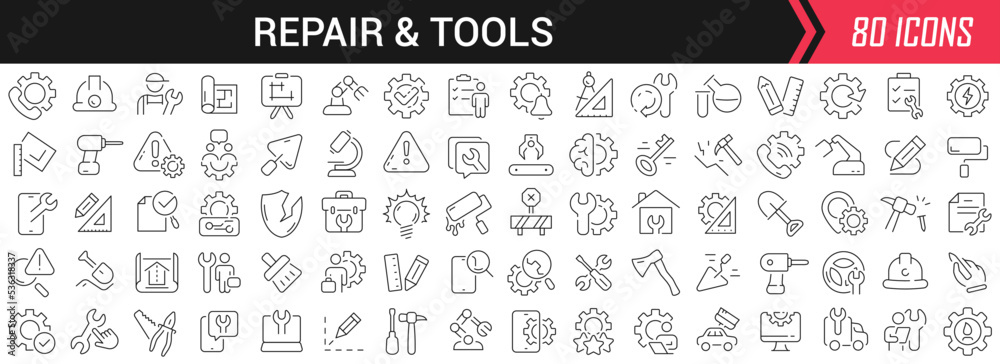 Poster Repair and tools linear icons in black. Big UI icons collection in a flat design. Thin outline signs pack. Big set of icons for design