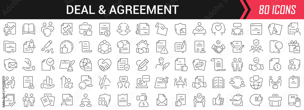 Poster deal and agreement linear icons in black. big ui icons collection in a flat design. thin outline sig