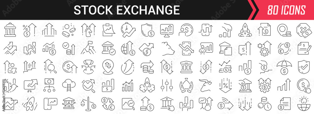 Aufkleber stock exchange linear icons in black. big ui icons collection in a flat design. thin outline signs p