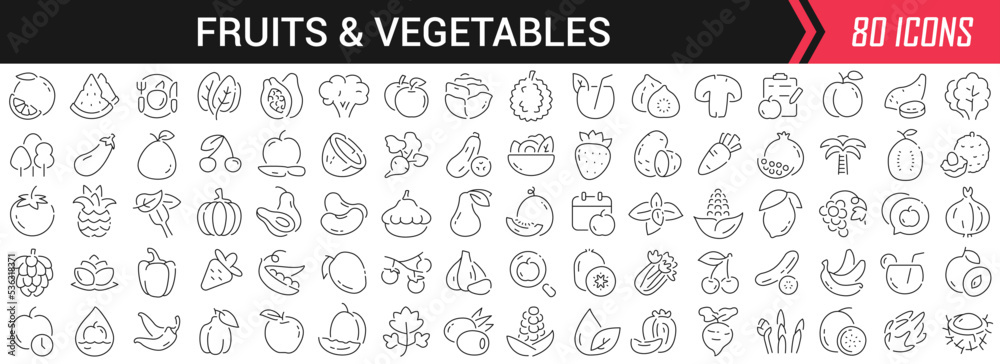 Poster Fruits and vegetables linear icons in black. Big UI icons collection in a flat design. Thin outline signs pack. Big set of icons for design