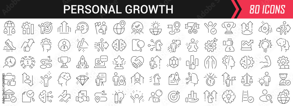 Poster Personal growth linear icons in black. Big UI icons collection in a flat design. Thin outline signs pack. Big set of icons for design