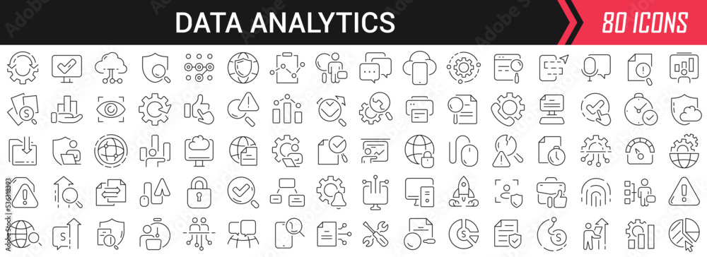 Poster data analytics linear icons in black. big ui icons collection in a flat design. thin outline signs p