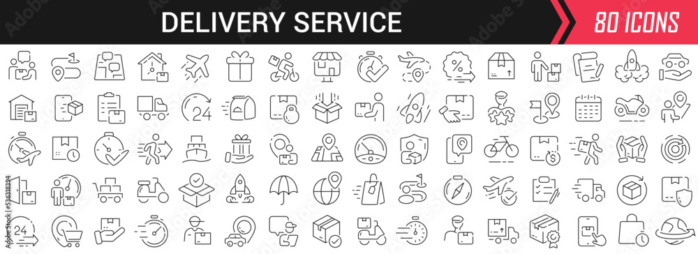 Aufkleber delivery service linear icons in black. big ui icons collection in a flat design. thin outline signs