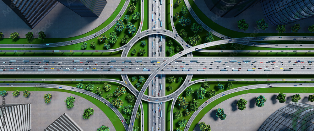 Wall mural Highway intersection/ road interchange in the city with heavy traffic - 3D illustration