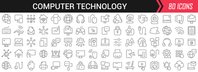 Computer technology linear icons in black. Big UI icons collection in a flat design. Thin outline signs pack. Big set of icons for design