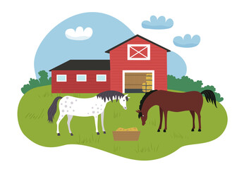 White and brown horses eat hay from a trough. Horses in the pasture next to the red farm. Horses near the stable. Vector flat illustration.