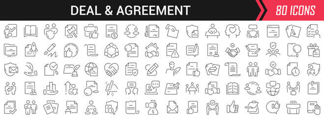 Deal and agreement linear icons in black. Big UI icons collection in a flat design. Thin outline signs pack. Big set of icons for design