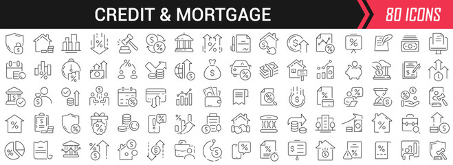 Credit and mortgage linear icons in black. Big UI icons collection in a flat design. Thin outline signs pack. Big set of icons for design