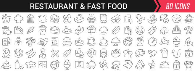 Restaurant and fast food linear icons in black. Big UI icons collection in a flat design. Thin outline signs pack. Big set of icons for design