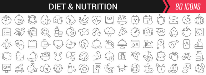 Diet and nutrition linear icons in black. Big UI icons collection in a flat design. Thin outline signs pack. Big set of icons for design