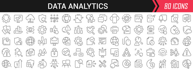 Data analytics linear icons in black. Big UI icons collection in a flat design. Thin outline signs pack. Big set of icons for design