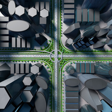 Highway intersection/ road interchange in the city with heavy traffic - 3D illustration