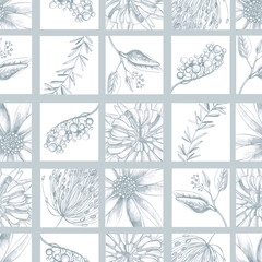 Fototapeta na wymiar Floral seamless pattern with hand drawing wild flowers. Simple botanical design for fabrics, tile mosaic, scrapbooking.