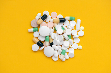 Background of different colorful pills, tablets and capsules.Many pills and tablets. Health care, pharmaceutical picture. 