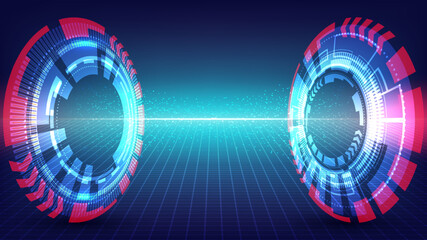 Abstract technology digital futuristic transfer big data concept blue HUD tunnel with lighting effect and particles on dark blue background