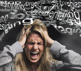 Anxiety, schizophrenia and woman with mental health, stress and paranoid bipolar mindset screaming in pain and anger. Depression, psychology and angry girl frustrated with thinking crazy and negative - obrazy, fototapety, plakaty