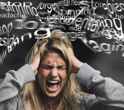 Anxiety, schizophrenia and woman with mental health, stress and paranoid bipolar mindset screaming in pain and anger. Depression, psychology and angry girl frustrated with thinking crazy and negative