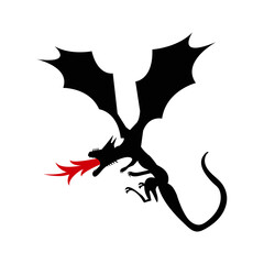 Dragon silhouette with fire on white background. Vector Illustration