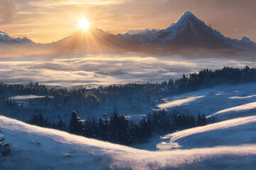Obraz premium Sunrise in a snowy winter landscape. 