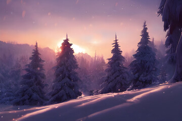 Sunrise in a snowy winter landscape. 