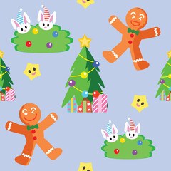 Obraz na płótnie Canvas Christmas seamless pattern, cute cookies, gift, smiling star, cute rabbit, Christmas tree on purple background