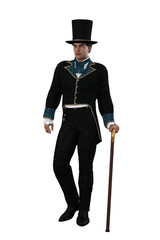 Handsome caucasian man standing in regency style costume with top hat and cane. 3D illustration isolated. - obrazy, fototapety, plakaty