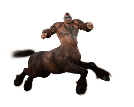 Male centaur fantasy man horse creature with muscular body and tattoos. 3D illustration isolated.