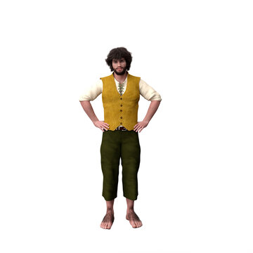 3D rendering of a male halfling fantasy character standing with hands on hips isolated on a transparent background.