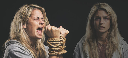 Horror, scared and woman hands in rope crying with double exposure for bipolar, psychology mindset and depression. Violence, mental health and fear of bipolar girl sad, anxiety and shout for help - obrazy, fototapety, plakaty