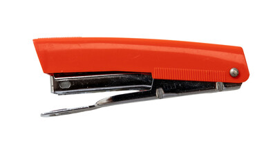 Stapler isolated, transparent background. PNG. Staple gun, red color, side view - obrazy, fototapety, plakaty
