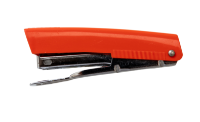 Stapler isolated, transparent background. PNG. Staple gun, red color, side view