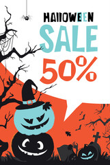 Halloween Sale Vector Vertical Illustration with Cute Evil Pumpkins. Halloween night poster with scary cemetery, moon, tree, bats.